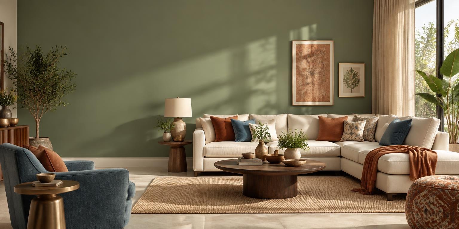 Sage green living room prepared for colour consultation